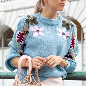 Anthropologie Nwot Floral Embroidered Blue Sweater